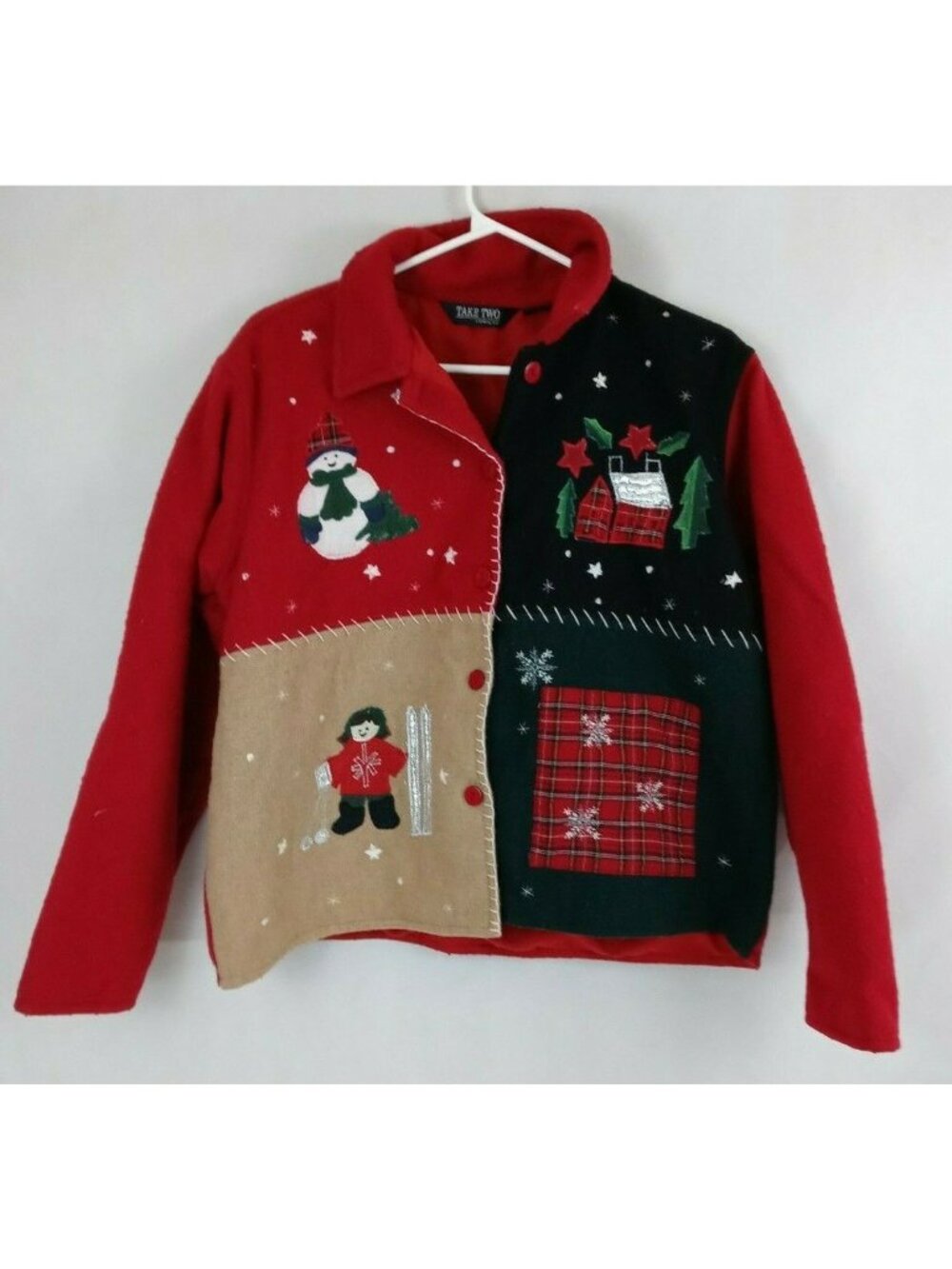 Vintage Take Two Christmas Scene Wool Patch Jacket Blazer Lined Size Large